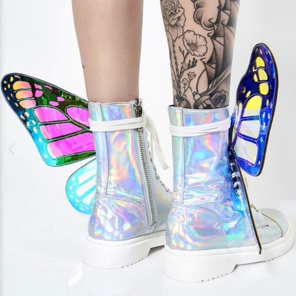 Silver Holographic Metamorphic Butterfly Boots with Wings - Club Exx - Picture 3 of 10